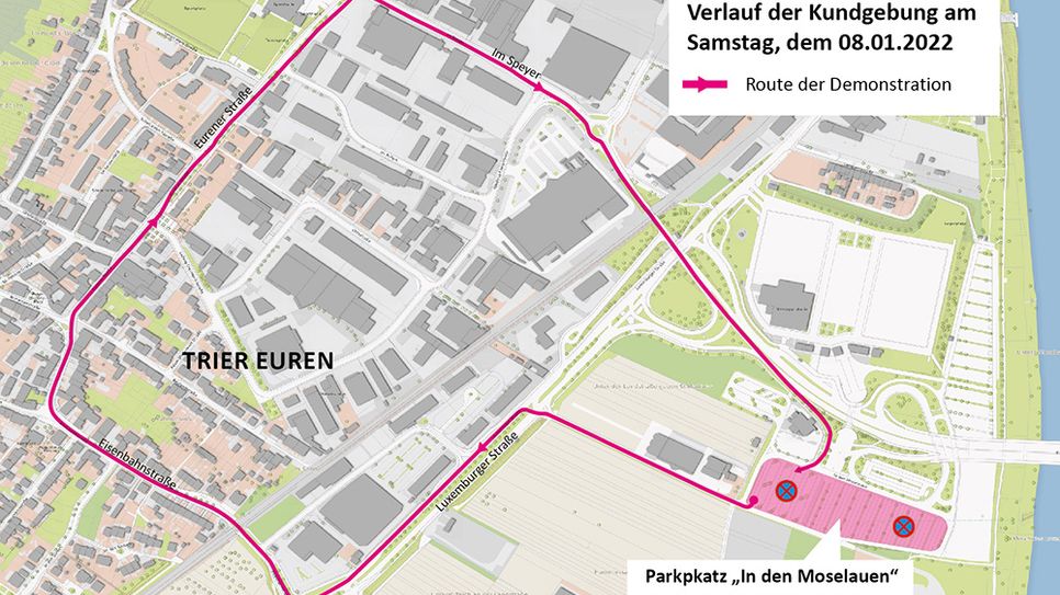 Die Karte zeigt den Standort der Kundgebung gegen die Corona-Maßnahmen am Messepark und den genehmigten Verlauf der Demonstration durch den Stadtteil Euren am Samstagnachmittag. Grafik: Stadtverwaltung