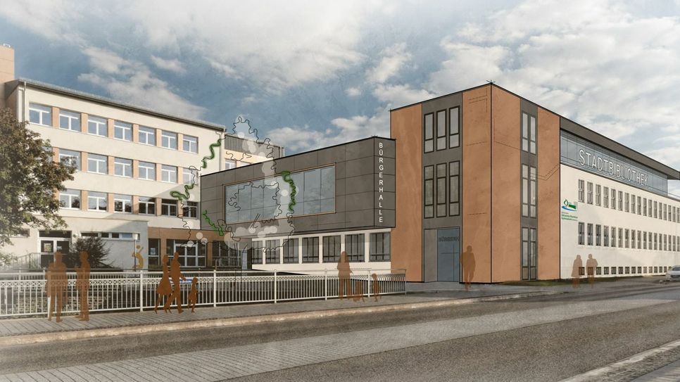 So sehen die Planungen für die neue Bürgerhalle und die Stadtbibliothek vor. Planungsskizze: Architekturbüro Holdenried