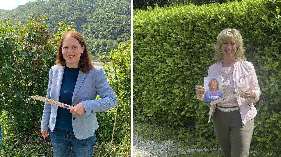 Mit der Grillzange auf Wahlkampf-Tour: CDU-Kandidatin Anke Beilstein (rechts) mit ihrer Grillzange (Slogan: "Engagiert aus Heimatliebe") und die Kandidatin von SPD, Grüne und FWG, Sonja Bräuer, die nun auch ihren Sloan auf das Grillbesteck gedruckt hat: "Damit es nichts schwarz wird".