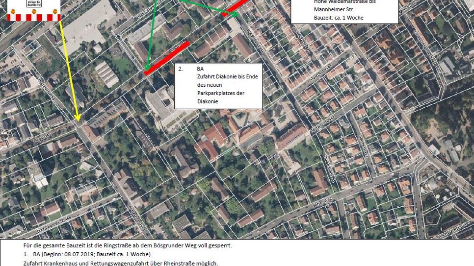 Bauarbeiten: Die Ringstraße wird zwischen Mannheimer Straße und Bösgrunder Weg wird für ca. drei Wochen gesperrt. Umleitungen zum Erreichen des Diakonie Krankenhauses sind ausgeschildert.