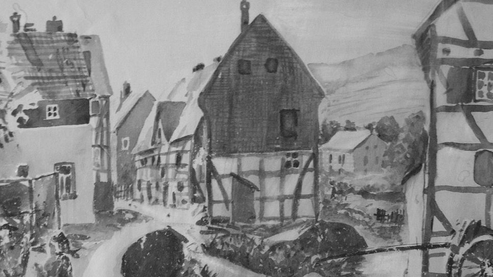 Der an Muttertag 1927 geborene "Nachkömmling" seiner Eltern Helene und Clemens August Koenn war auch ein passabler Zeichner. Diese Skizze aus Hellenthal hing in Oberdollendorf "op de schäerl Segg" an seinem Arbeitsplatz.