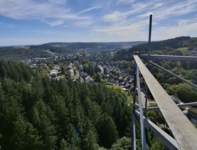 Blick vom Sendemast an der Prümer Stadtwaldsiedlung: Von hier aus versorgt eifel.radio seit dem 7. Oktober das Stadtgebiet auf der UKW-Frequenz 91,9 MHz mit seinem Programm.