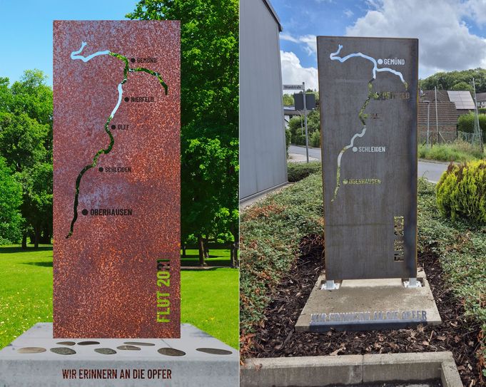 Der Entwurf der Gedenkstelen (li.) und die Stele am Feuerwehrgerätehaus in Nierfeld.