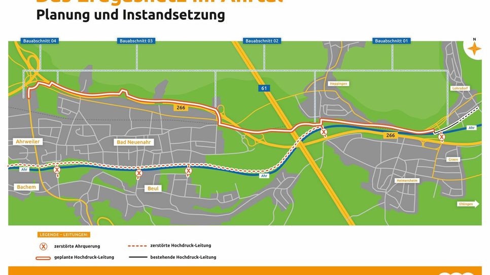 Die Karte zeigt die Situation der Gasversorgung im Ahrtal. Grafik: evm