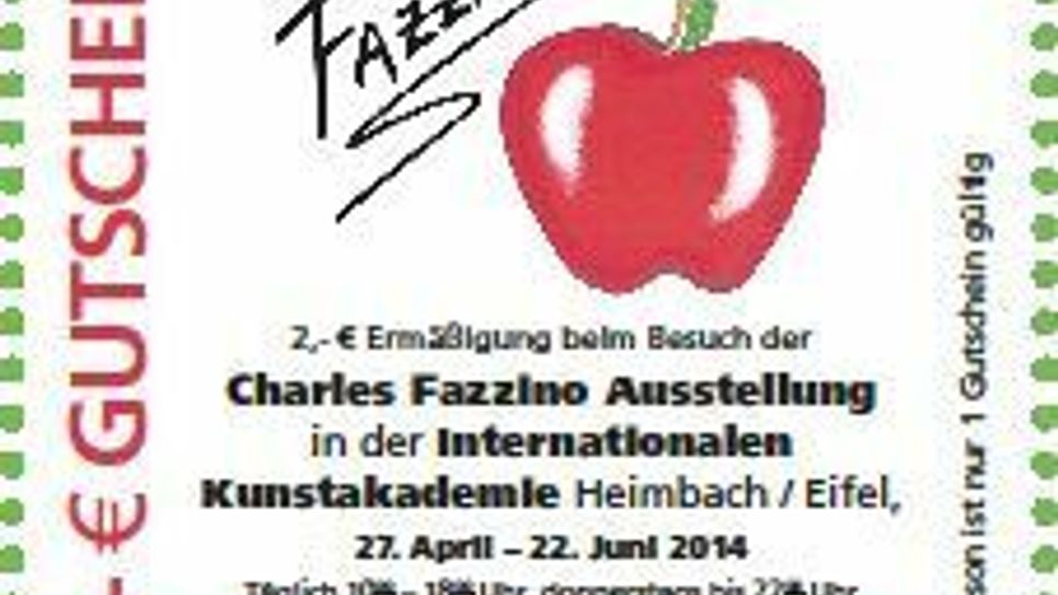 Mit diesem Coupon gibt es eine Ermäßigung von zwei Euro bei einem Besuch der Charles Fazzino-Ausstellung in der Internationalen Kunstakademie Heimbach. Einfach den Coupon ausdrucken und an der Kasse vorlegen. Pro Person ist nur ein Gutschein gültig.