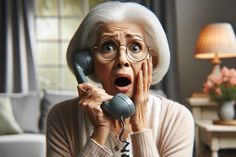 Symbolbild einer erschrockenen Seniorin am Telefon.