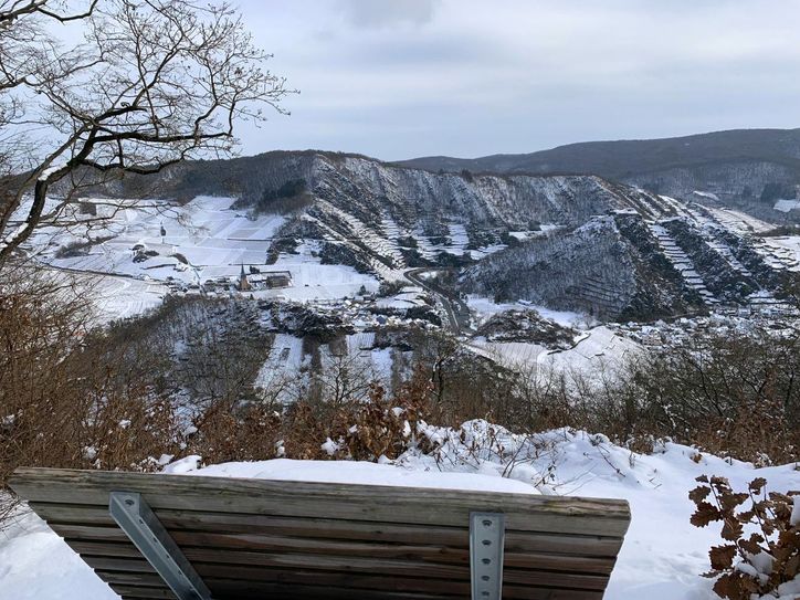 Traumblick von der Panoramabank am Ümerich auf Mayschoß und die Saffenburg.