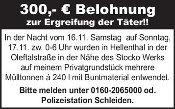 300,- € Belohnung zur Ergreifung der Tät