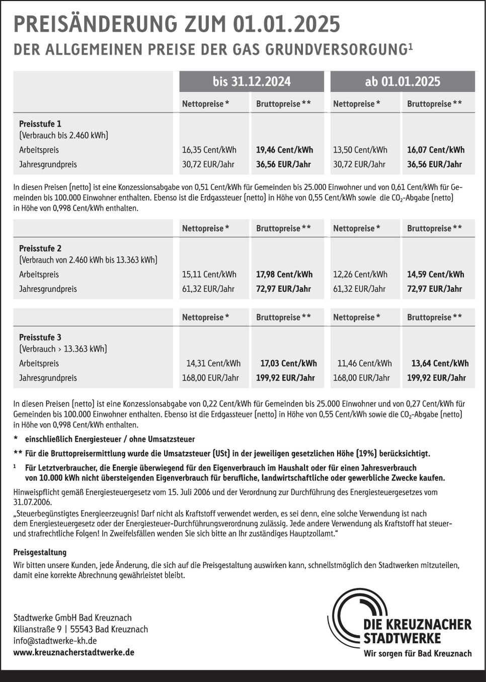 Allgemeine Preise - Gas Grundversorgung